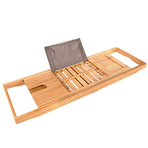 Premium Bath Caddy Extendable Bamboo Wood Bathtub Tray with