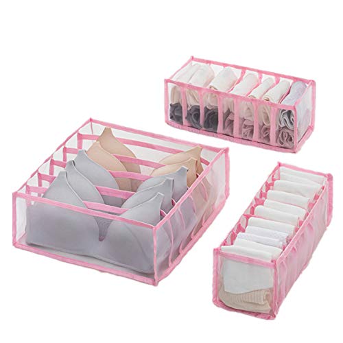 Adocfan Underwear Organizer Drawer & Closet Divider- Foldable Storage Boxes-Breathable Nylon Mesh- for Storing Underwear, Bra, Socks, Ties in Home and Dormitory -3 PCS (Pink)
