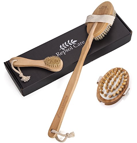 Dry Brushing Body Brush for Dry Skin Brushing & Exfoliating with 100% Natural Boar Bristles & Long Handle kit - Back Brush Scrubber, Bath & Shower Brush, Face Brush, Cellulite Massager Brush Gift Set