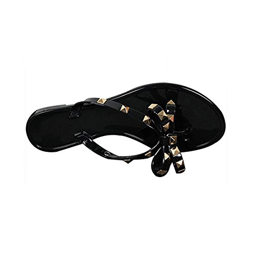 Utop Women’s Rivets Bowtie Flip Flops Jelly Thong Sandal Rubber Flat Slipper Summer Beach Rain Shoes Womens Gold Rivet Studded Bow Jelly Thong Flip Flop Sandals (US7.5=EU39=24.5CM, Black) - Thumbnail 2