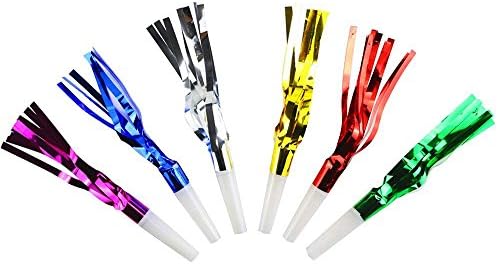 TKOnline 36Pcs Assorted Colors Bulk Glitter Fringed Metalic Noisemaker Party Whistles Toys for Birthday New Years, Prizes For Kids, Party Whistles and Streamers