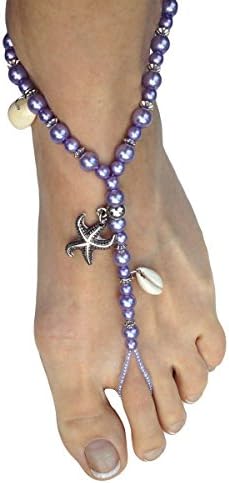 Barefoot Sandals Beach Wedding Themed Lavender Purple Pearl Anklet w/ Silver Starfish and Real Seashells