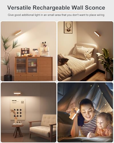 DetarZinLED Wall Lamp with USB Charging Battery, Rechargeable Bedside Lamp, Adhesive Interior Wall Lamps for Bedroom without Cable (Beech Wood, 2 Pcs)