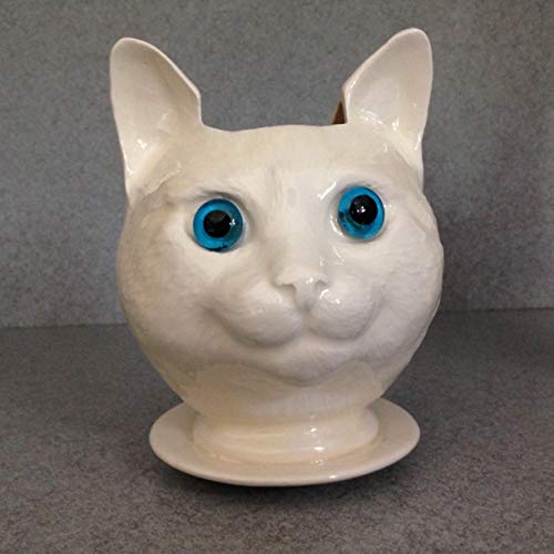Handmade White Ceramic pot Succulent herb pot, Glass Blue Eyes, New Cat Doll head ceramic planter on saucer with drain holes Toothbrush or, desktop pencil holder