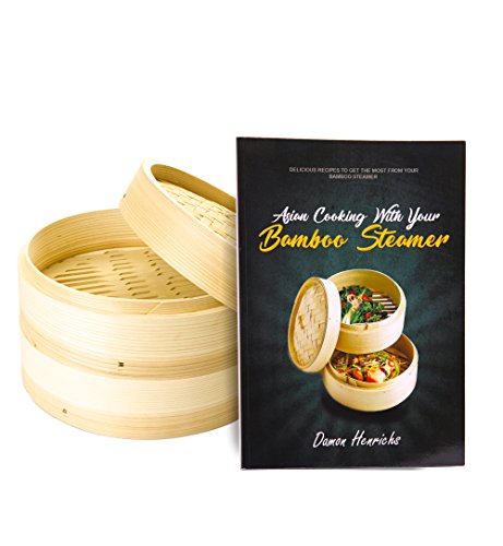 Bamboo Steamer Chinese Food Dumpling Maker - Steaming Basket - Dim Sum Steamer - Dumpling Steamer 9.5 inch - Two Layer Stackable Bamboo Asian Steamer Baskets With Cookbook