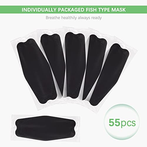 CYCN 55Pcs Black KF94 Face Mask for Adult, 4Ply Protective 3D Fish