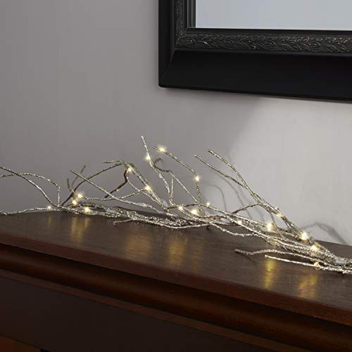 LampLust Glitter Branch Garland with Lights - 60 White LEDs, 5 Ft, Light Gold Color, Battery Operated, Auto Timer Option Included