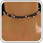 Aneneiceera Vintage Layered Velvet Choker Necklace Short Black Suede Necklaces Boho Leather Necklaces Silver Bead Collar Necklace Chain Jewelry for Women