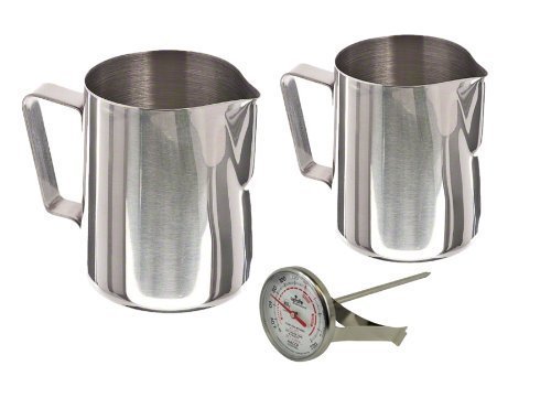 CucinaPrime Commercial Stainless Steel Frothing Pitcher Set with Thermometer (14 Ounce and 20 Ounce Frothing Pitchers)