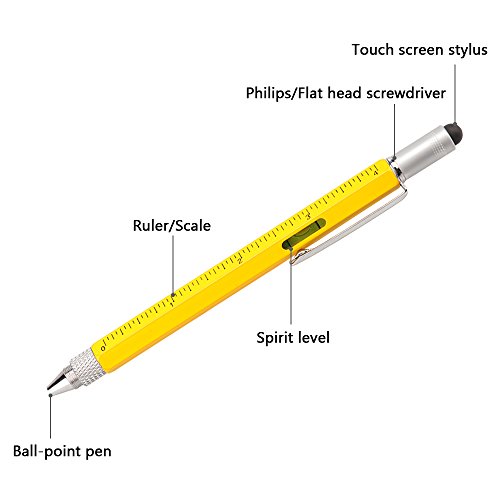 BM Multifunction Tool Pen with Stylus, Ballpoint Pen, Screwdriver, Bubble Level, Universal Ruler and Phillips Flathead Bit Useful Office Gadget Gifts Pack of 2 (Yellow) - Thumbnail 7