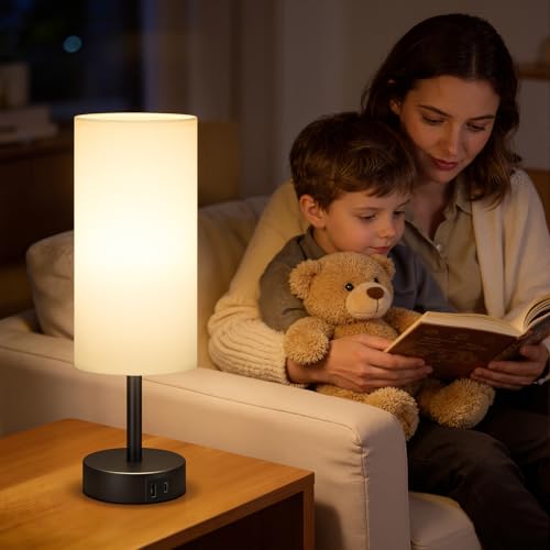 PreeOtti Bedside Lamp Touch Dimmable Table Lamp with USB A+C Charging Function, Linen Fabric Lampshade, Touch Lamp for Bedside Table, Living Room, Bedroom, Children's Room, Office (Includes Bulb)