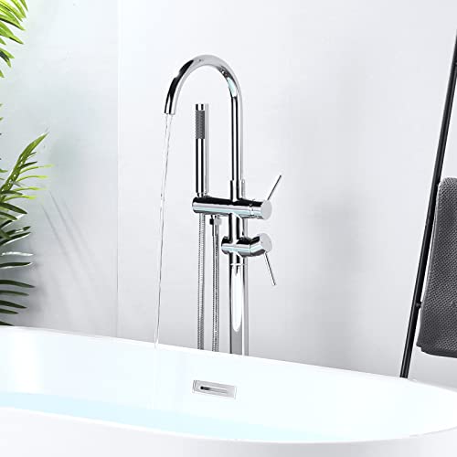 ARCORA Floor Bathtub Tap, Freestanding Bathtub Mixer, Pillar Bathtub Tap with Hand Shower, 360° Swivel, Copper and Stainless Steel, Ceramic Cartridge, Chrome