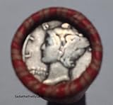 One roll of Wheat Pennies with a Wheat cent tails showing on One End and Silver Mercury or Barber Dime on the Reverse