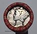 One roll of Wheat Pennies with a Wheat cent tails showing on One End and Silver Mercury or Barber Dime on the Reverse