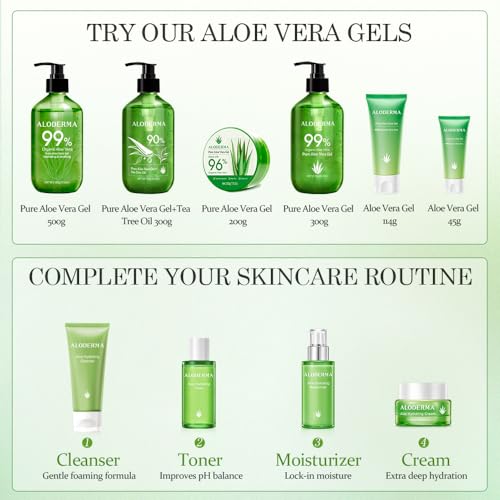 Aloderma Organic Aloe Vera Gel for Face & Body, 96% Pure Aloe Gel Made within 12 Hours of Harvest, Ideal for Skin, Scalp, & Hair Hydration, Calming Moisturizer for Soothing After Sun Care, 7.05oz