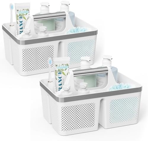 Photo 1 of BYUNER 2Pack Shower Caddy Dorm: Portable Bathroom Caddy Organizer with Handle and Holes, Plastic Cleaning Caddy, Hard Shower Basket Storage Tote for Toiletry, College Dorm Room Essentials White/Silver