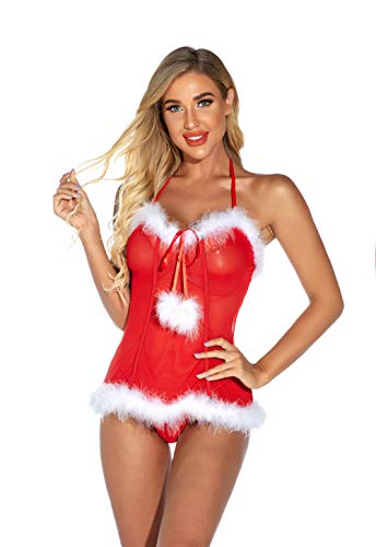 SunFocus Babydolls Lingerie for Women Red Christmas Nightwear Set Ladies Lace Underwear Dress Outfits