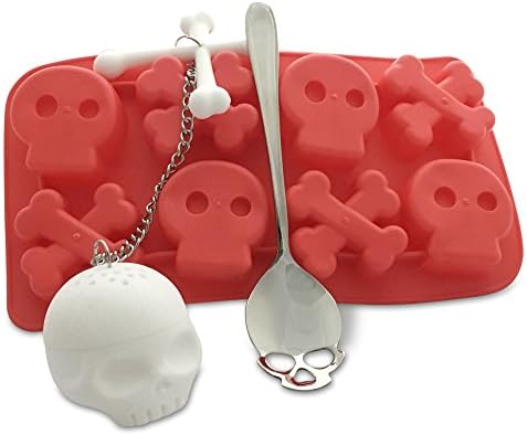 Skull Tea Set: Strainer Infuser, Ice Cube Tray, Teaspoon - Stocking Stuffer Gift (Blood Red)
