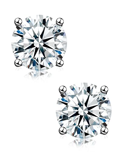 Moissanite Stud Earrings for Women Men Girl, FCINOS 18K White Gold Plated S925 Sterling Silver 1/2/4 CT D Color VVS1 Clarity Round Cut Lab Created Diamond Earrings Promise Birthday Christmas Gift