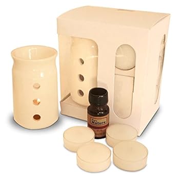 Pure Source India Aroma Set with 10 ML Aroma Oil and 4 Tea Light Candles, Lavender Fragnance, Off White