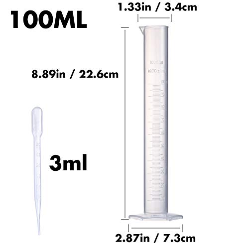 Young4us Measuring Cylinder Set, 4 Sizes Graduated Polypropylene Lab Test Tubes in 100 ml, 50 ml, 25 ml, 10 ml for Laboratory, Science Experiments with 4 Plastic Droppers in 3 ml