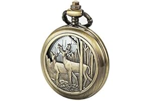 SIBOSUN Personalized Engraved Pocket Watch with Chain Deer Reindeer Woodland Men's Pocket Watch Smooth Back Vintage Skeleton Quartz White Lettering