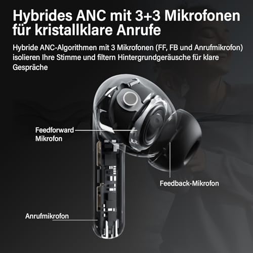 Bluetooth Kopfhörer mit Hybride Aktive Geräuschunterdrückung, In Ear Kopfhörer Kabellos Bluetooth 5.4, 6Mic, 49Std. Wiedergabe, kraftvoller Bass, 8 EQ-Modi, APP-Steuerung, kabelloses Laden, Multipoint