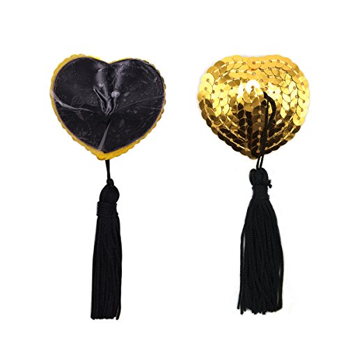 Reusable Adhesive Nipple Cover,Shiny Sequin Silicone Heart-Shaped Breast Pads Pasties Bra with Tassel - Thumbnail 4