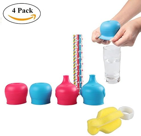 FunHitec 4 Pack Silicone Sippy Cup Lids Make Any Cup Spill-Proof Straw Training Cup or Bottle, FDA Approved BPA Free 4pcs (2 Pack Straw lids + 2 Pack Elephant Spout Lids)