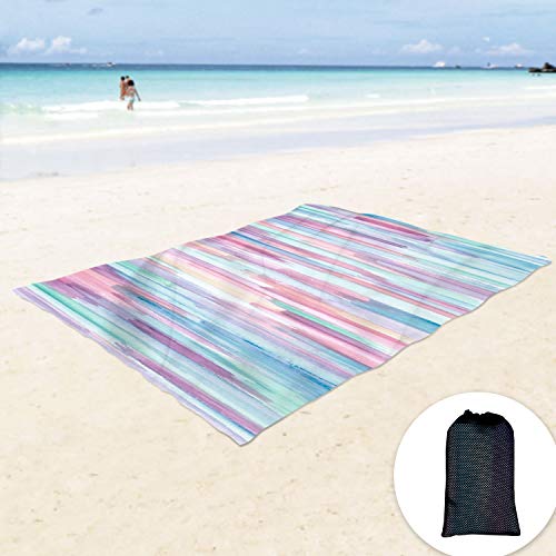 Sunlit Silky Soft Sandfree Beach Blanket Sand Proof Mat with Corner Pockets and Mesh Bag 6′ x 7′ for Beach Party, Travel, Camping and Outdoor Music Festival, Watercolor Painting, Macaron Blue