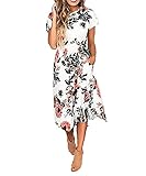 VOKY Women's Short Sleeve Floral Printing Dress Round Neck Boho Plus Size Pleated Waist Above Knee Dress for Beach Party (Large, White (Above Knee))
