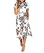 VOKY Women's Short Sleeve Floral Printing Dress Round Neck Boho Plus Size Pleated Waist Above Knee Dress for Beach Party (Large, White (Above Knee))