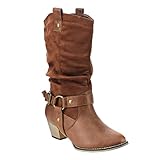 Refresh AD44 Women's Western Cowgirl Pull On Block Heel Slouchy Mid Calf Boots