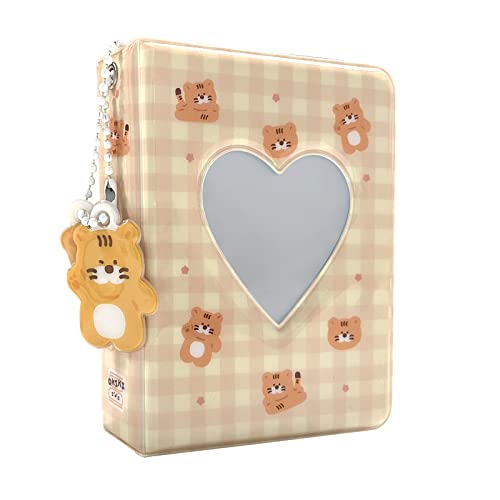 3 Inch Mini Photo Album, Heart Hollow Card Binder Photo Album Photo Card Holder with Pendant 40 Pockets (light coffee tiger)