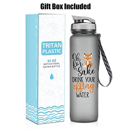 LEADO 32oz 1Liter Motivational Tracking Water Bottle with Time Marker - Oh for Fox Sake Drink Your Effing Water - Funny Birthday Gifts for Women, Wife, Mom, Daughter, Best Friend - Drink More Water