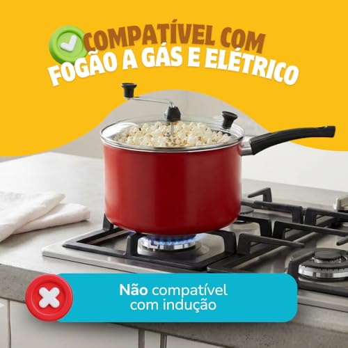 Pipoqueira Antiaderente 3,6 Litros Panela De Pipoca 20cm Alumínio Com Tampa de Vidro e Saída de Vapor para Fogão a Gás e Elétrico Modelo Grande