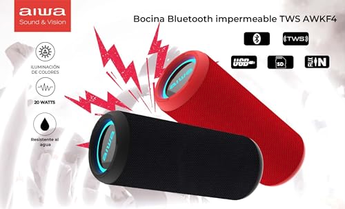 Aiwa Bocina Portatil Bluetooth AW-KF4 20W RMS Portátil con Luces LED, Batería Recargable, Resistente al Agua y Polvo, Conectividad USB/AUX/Bluetooth, Sonido Potente para Viajes y Hogar