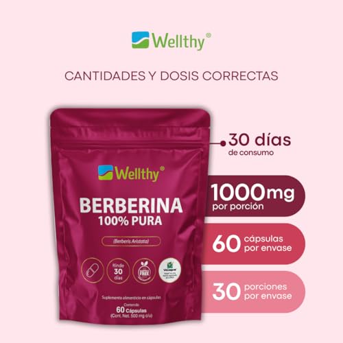 Wellthy Berberina Pura 60 Cápsulas. 100% Berberis Aristata, 500mg c/u, 30 dias de consumo, VCaps Cápsulas Veganas, Bottle Free.