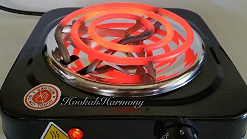 HookahHarmony Hookah Charcoal Coco Burner 1100 Watt Hot Plate FREE Titanium Coals + Shisha Tongs Black Electric Nara Heater Single Coil Stove