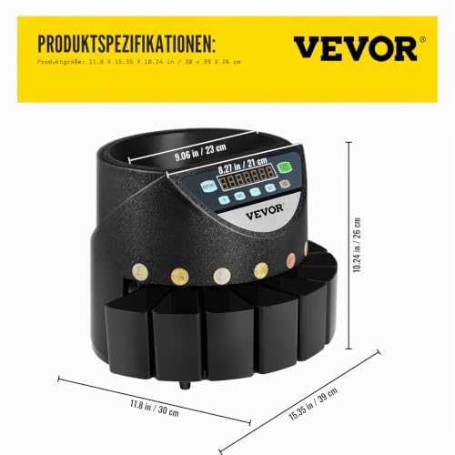 Euro Münzzähler Sortierer 500-1000 Münzen Elektronische Automatik EUR Münzzählmaschine 300 Münzen pro Minute mit 8 Münzschubladen für Schulladenbank, schwarz