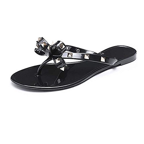 Utop Women’s Rivets Bowtie Flip Flops Jelly Thong Sandal Rubber Flat Slipper Summer Beach Rain Shoes Womens Gold Rivet Studded Bow Jelly Thong Flip Flop Sandals (US8.5=EU40=25CM, Black)