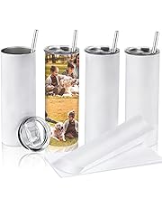 D·S Sublimation Tumblers Blank 20 oz Skinny Stainless Steel Insulated Tumblers with Straw, Lid, Brush and Shrink Wrap,4 pack white