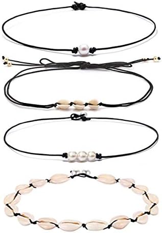Shell Choker Necklace for Women Hawaiian Seashell Pearls Choker Necklace Adjustable Cord Necklace Set (4pack 2)