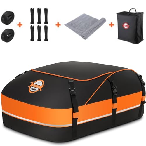 Sailnovo 20 Cubic Feet/580L Car Roof Bag, Waterproof Car Roof Storage Box | Heavy Duty Roof Boxes for Cars with Roof Bars or No Rack | With Reinforced Straps, Door Hooks & Storage Bag | Orange
