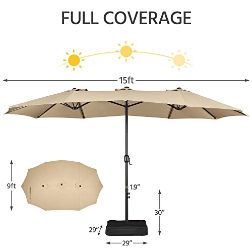 Yaheetech 15 ft Triple-size Patio Umbrella w/Base Included - Market Extra-Large Double Sided Umbrella - Twin-size Patio Parasol w/Easy Crank & 12 Strong Ribs & Ventilation Openings,Tan