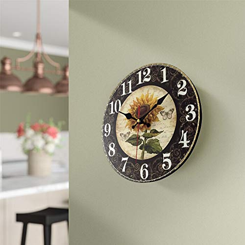 12 Inch Sunflower Kitchen Wall Clock Rustic Farmhouse Clocks, Thick Wood Home Decor Clock for Bedroom, Office, Dinning Room, Silent Battery Operated (Black)