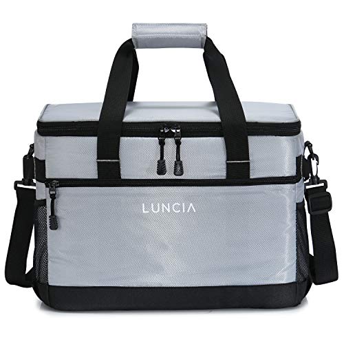 LUNCIA 33L Leakproof Collapsible Cooler Bag, Insulated Cooling Bag Portable Tote, 60 Can Soft Sided Cooler for Picnic, Camping, Hiking, Grey