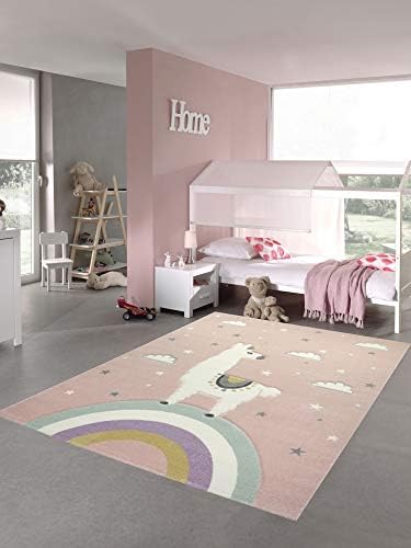 Pastel Kids Children carpet Lama play rug Lama unicorn carpet rainbow clouds in pink size 200 x 290 cm