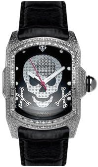 Diamond Skull Aqua Master Watch Mens Iced Out Aqua Master Diamond-Cut Rectangular Bubble Loop Diamond Watch with Black Skull Dial .22 CTW