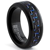 Black Titanium Wedding Band Ring with Black and Blue Carbon Fiber inlay, Comfort fit 8mm, Sizes 6 to 15